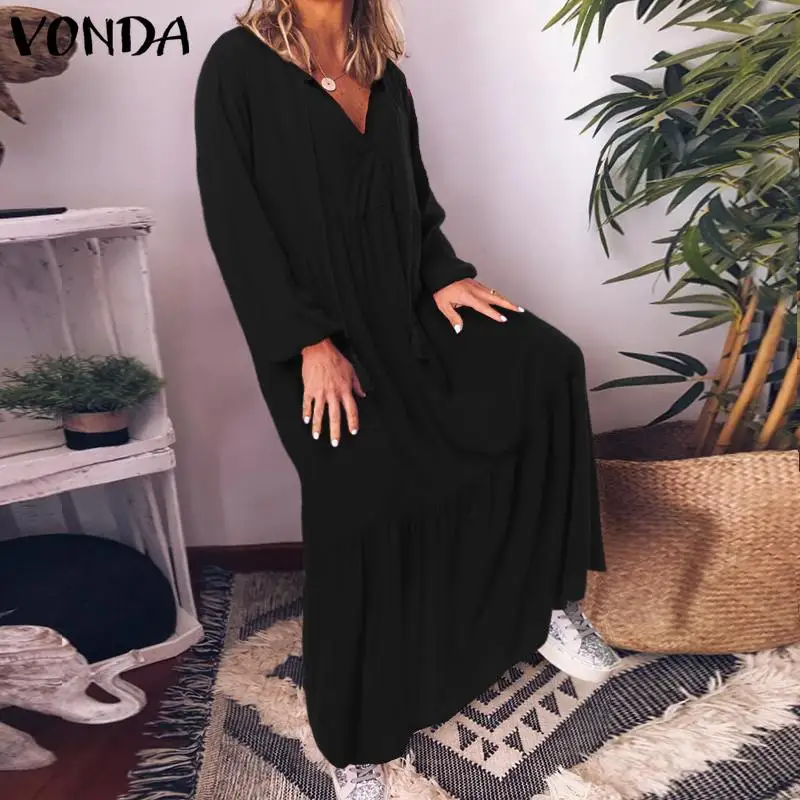 VONDA, женское летнее платье,, длинный рукав, v-образный вырез, вечернее платье, повседневное, свободное, плиссированное, макси, длинное, сарафан размера плюс, женское платье