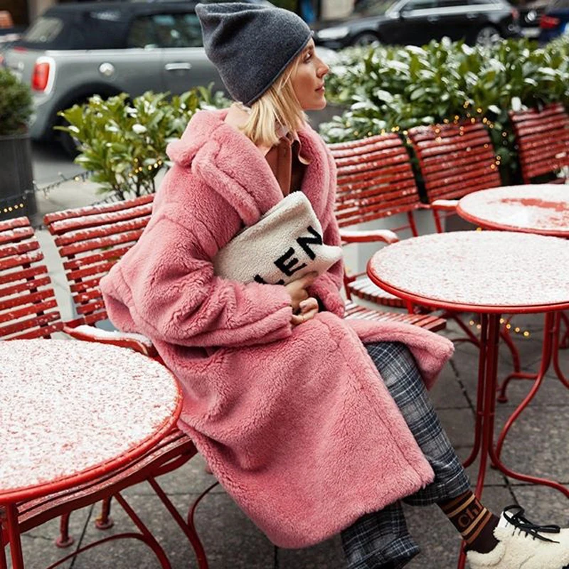 Winter Teddy Bear Oversized Long Coat Pink Faux Lambswool Fur Coats JKP5865