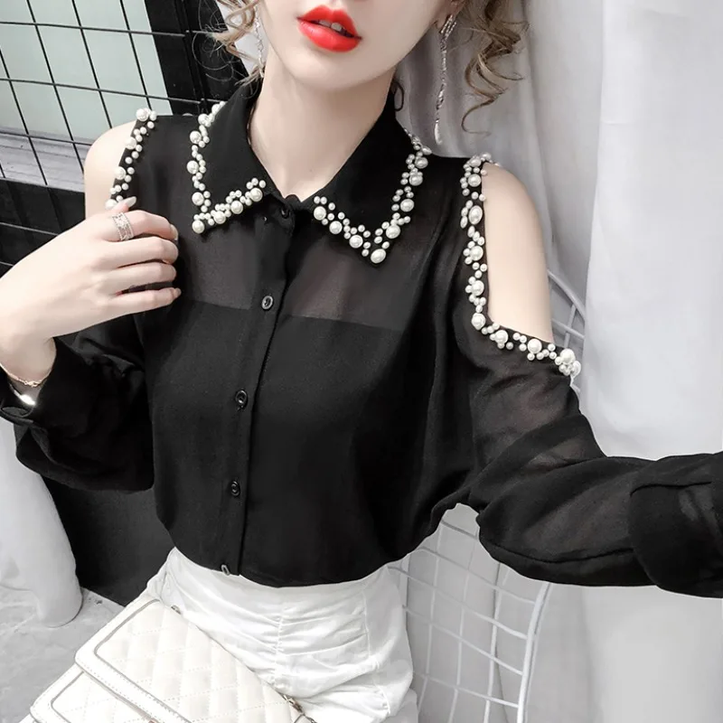 Women White Blouses Button 2020 summer Long Sleeve Shirt Female Sexy off-shoulder beaded Chiffon Women's Casual Clothing Autumn 2