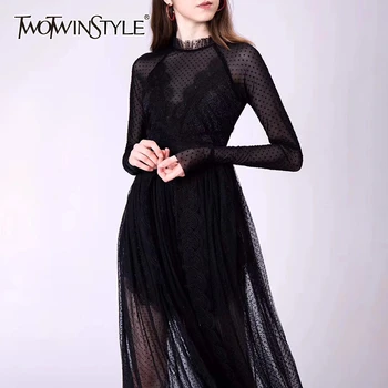 

TWOTWINSTYLE White Elegant Dot Patchwork Lace Dress For Women Stand Collar High Waist Dresses Female 2020 Summer Fashion New