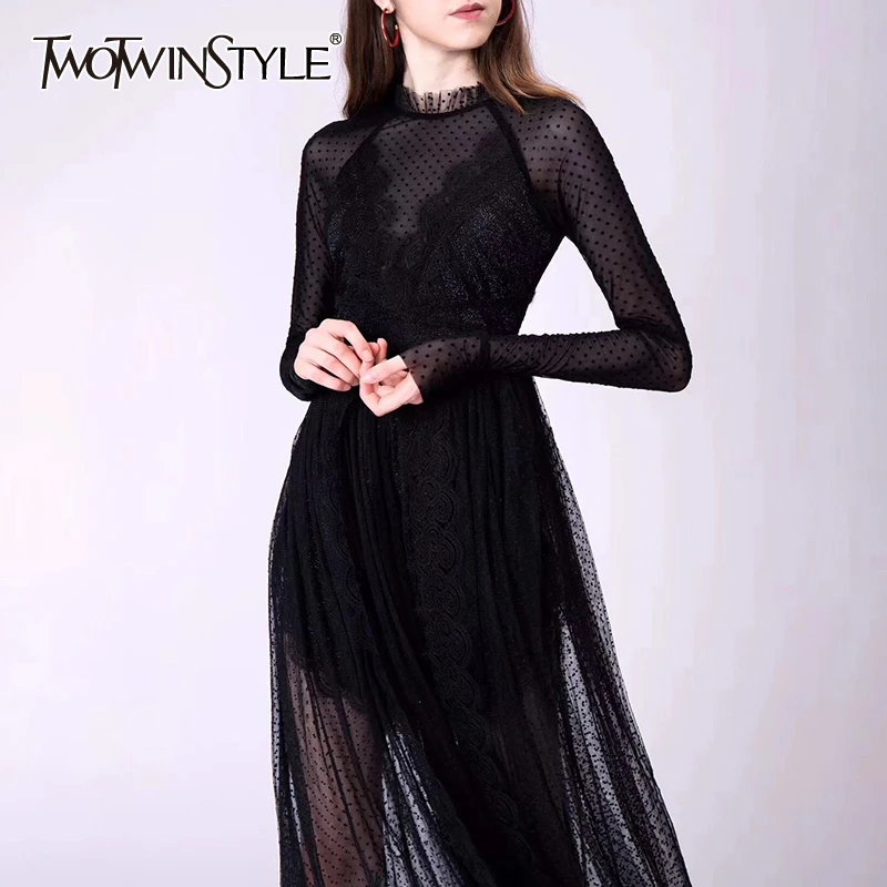 TWOTWINSTYLE белое элегантное лоскутное кружевное платье в горошек для женщин со