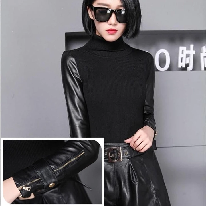 Fall/winter sheepskin sleeve base shirt black unlined upper garment inside knit long sweater with fur | Женская одежда