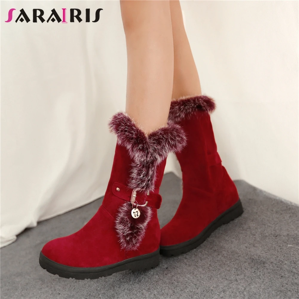 

SARAIRIS New Fashion Hot Sale Large Size 34-41 Increase Heels Mid Calf Boots Women Shoes Add Fur Warm Winter Shoes Woman Boots