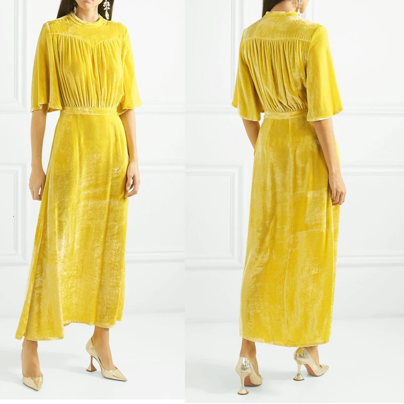 Элегантное Длинное вельветовое платье для женщин; сезон лето-осень; с рукавом-накидкой; с круглым вырезом; повседневные винтажные Вечерние Платья-макси желтого цвета для работы; Vestido