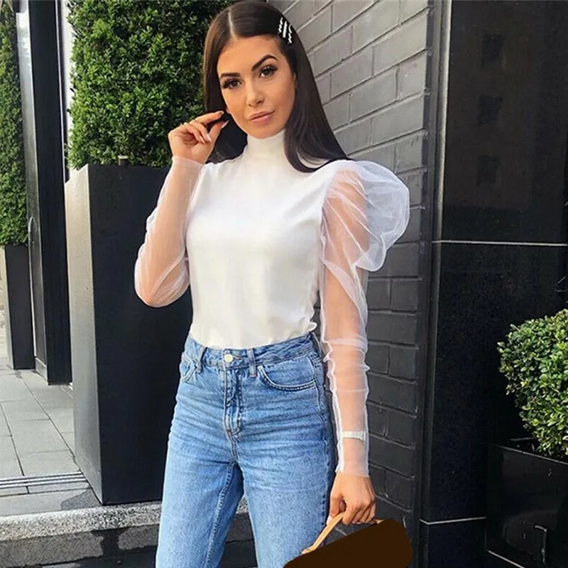 

Newly Women Mesh Sheer Sleeve Female Autumn Turtleneck Long Mesh Sleeve Sexy White Tops New 2019 See Through Shirt Top Tee
