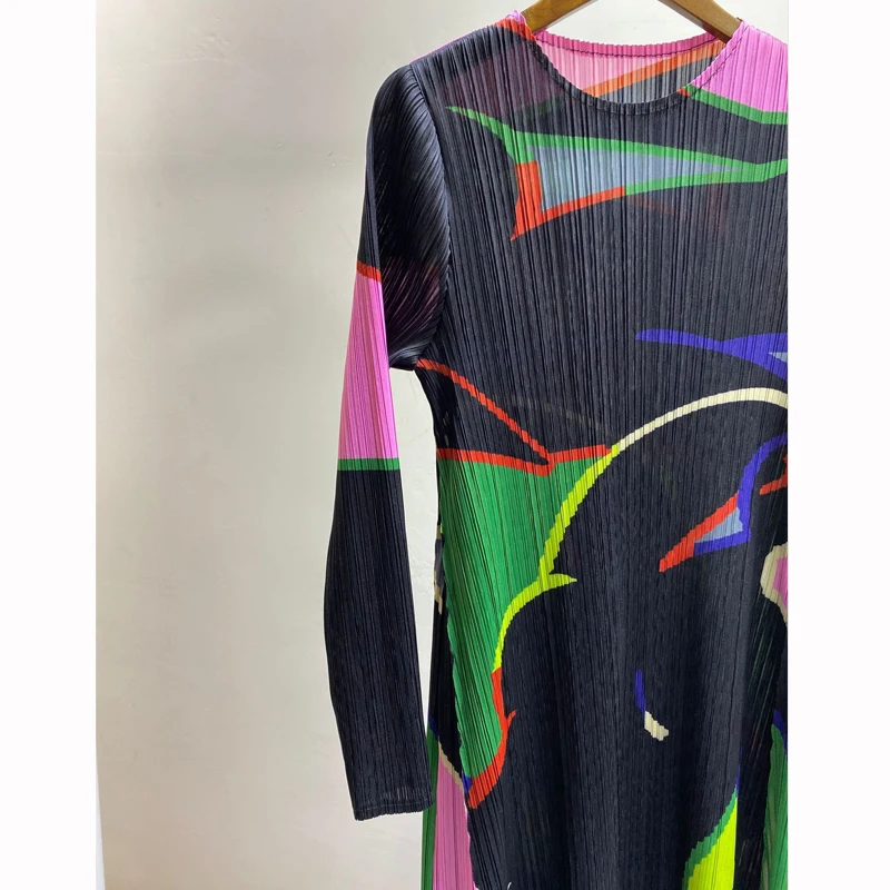 Горячая Miyake модное платье с длинными рукавами и круглым вырезом, платье трапециевидной формы с принтом