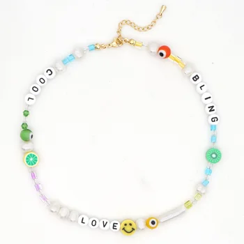 

Go2Boho LOVE Letter Necklace Evil Eye Necklaces For Women Freshwater Pearl Smile Face Charm Boho Jewelry Fruit Patchwork Choker