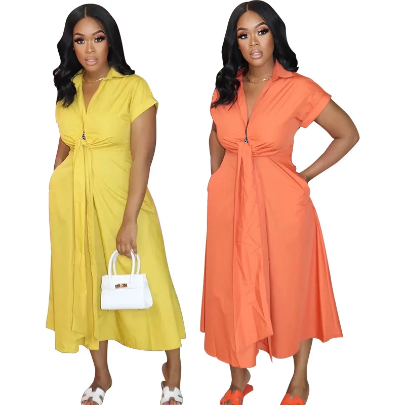 Women Lapel Short Sleeve Yellow Dress Office Work Lady Vestidos Mid-Calf Casual Party Dress 2021 Fashion Summer Clothes Robe