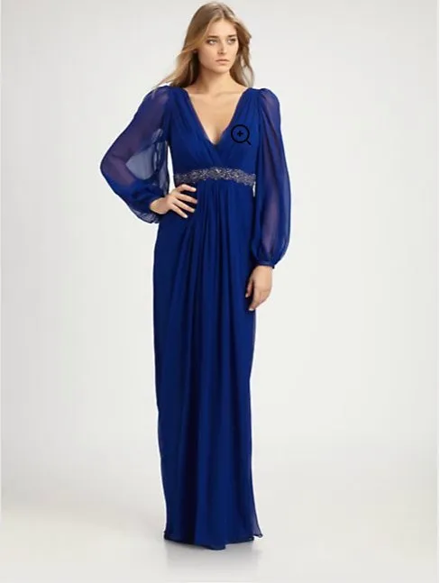 vestidos de fiesta, длинный рукав, синий пояс, v-образный вырез, robe de soiree, новые модные вечерние платья, вечернее платье