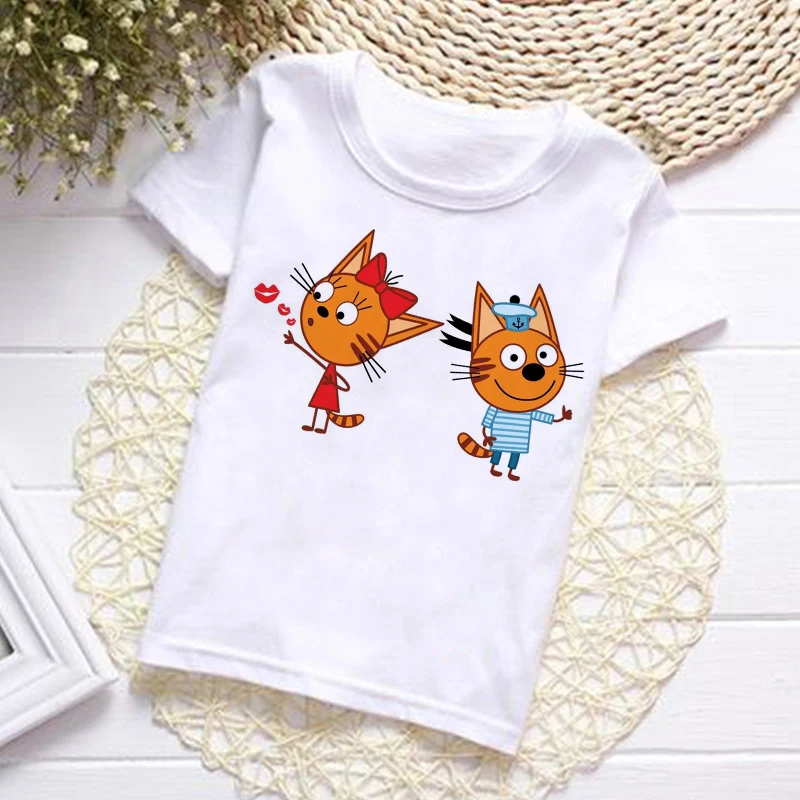 Summer Fashion Unisex Kid-e-cats T-shirt Children Boys Short Sleeves White Tees Baby Kids PinkTops For Girls Clothes 3 8Y Children T Shirt