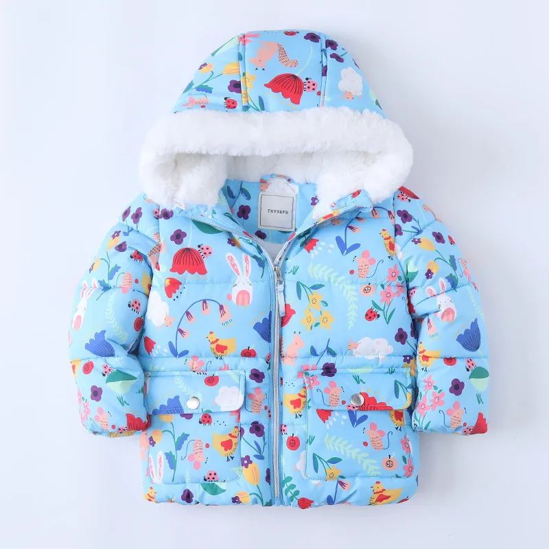 Plush and Thickened Children's Cotton Padded Jacket Winter Flower Rabbit Hooded Girl's Cotton Padded Jacket