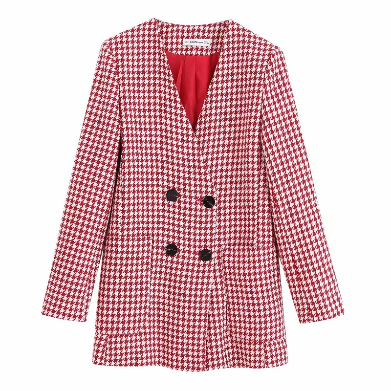 

Elegant Women Red Houndstooth Plaid Jacket Stylish Za 2019 Fashion Chic Double Breasted Pockets Coat Casual Casaco Femenine