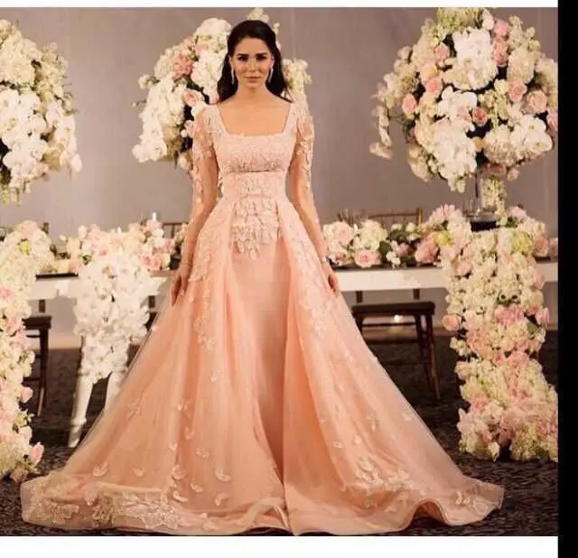 

2015 Elegant Orange Appliqued Beaded Long Sleeve Floor Length Evening Dresses