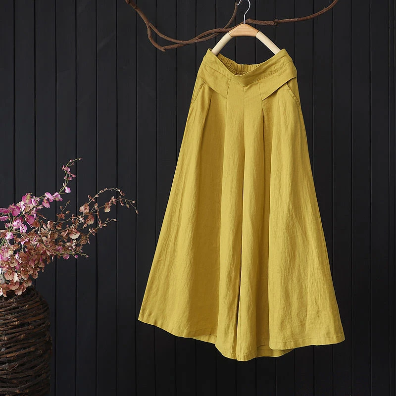 2020 Summer New Arts Style Women Elastic Waist Solid Wide Leg Pants All-matched Casual Cotton Linen Loose Pants Plus Size S980 2020 Summer New Arts Style Women Elastic Waist Solid Wide Leg Pants All-matched Casual Cotton Linen Loose Pants Plus Size S980