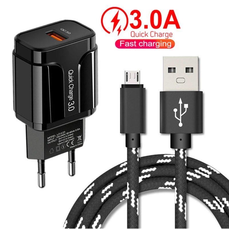 18W QC3.0 Quick Charger Plug Adapter Micro usb Charge Cable For Samsung A10 ZTE Blade A3 A5 A7 V7 V9 ASUS Zenfone Max M2 ZB633KL 65w fast charger