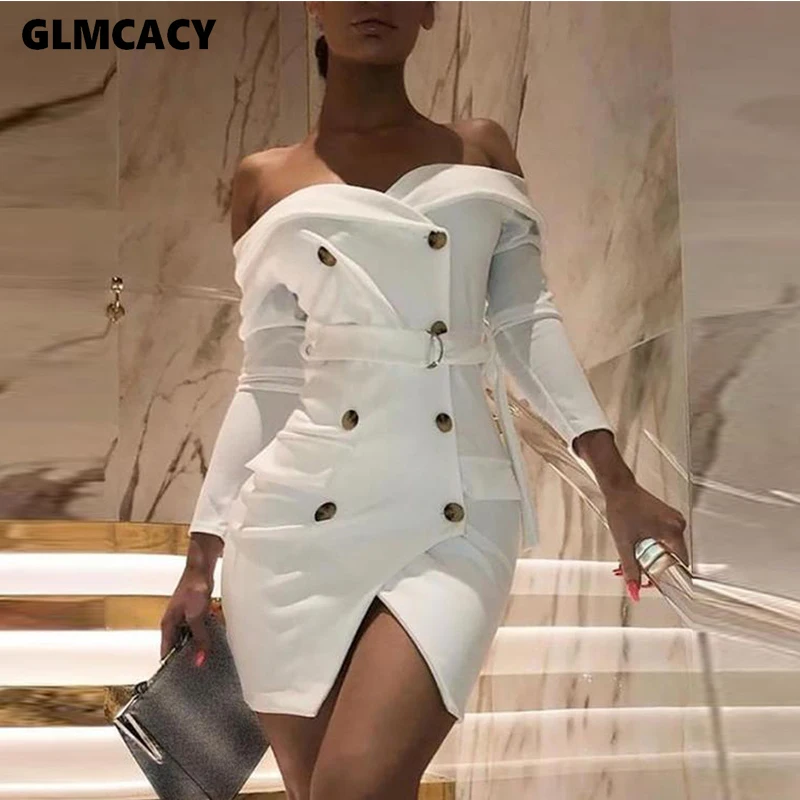 

Women Double Breasted Off Shoulder Long Sleeve Dress Wrap Belt Elegant Office Lady Spring Fall Chic Slim Dress