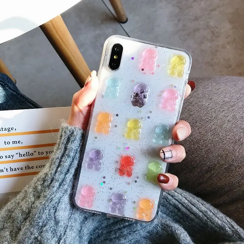 Чехол для телефона iphone XR XS MAX 8 7 6 6s plus X прозрачный цвет конфеты Кристалл Милая зверушка Мишка падение блеск задняя крышка