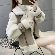 2021 Autumn Winter New Jacket Large Size Women's Lamb Leather One Coat Temperament Overcoat PU Ladies Outwear Square Collar Tops