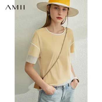 

AMII Minimalism Spring Summer Solid Lace Women Tshirt Causal Oneck Short Sleeves Loose Female Tshirt Tops 12080038
