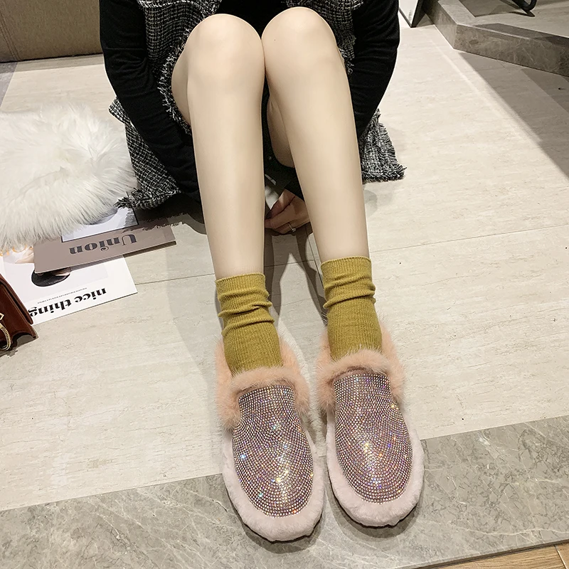 Зимние ботинки на плоской подошве, Короткие Плюшевые ботинки Женские ботильоны мода круглый носок хлопчатобумажные туфли на плоской подошве; Привлекательные женские Стразы на низком каблуке; женская обувь