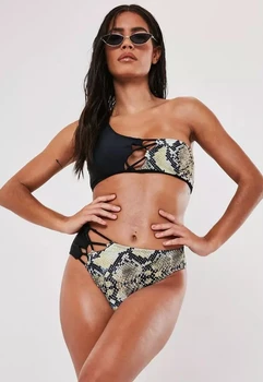

2020 Women Swimwear Women Snake Hollow Bikinis Set One Shoulder Bandage Pushed Up Paded Bikinis Swimsuits