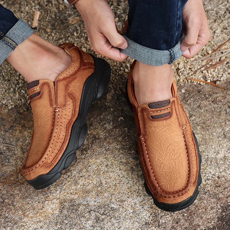 Handmade Genuine Leather Mens Sneakers Walking Driving Breathable Footwear Male Outdoor Leisure Shoes Business Dress Big Size 46