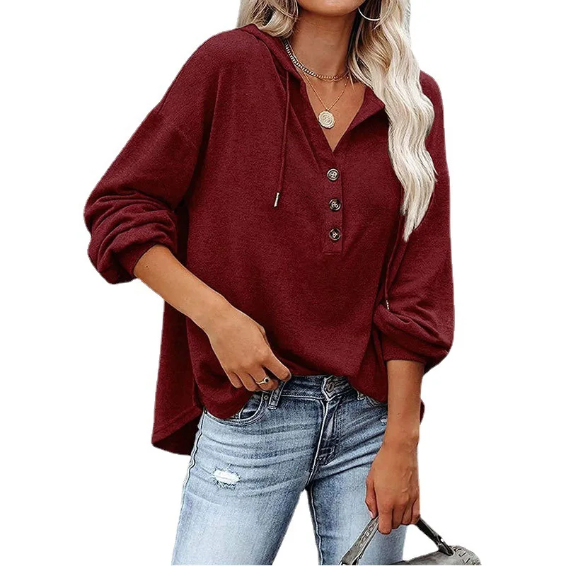 New 2021 Women's Loose-Fitting V-neck Long Sleeves Sweater Button Sports Hoodie