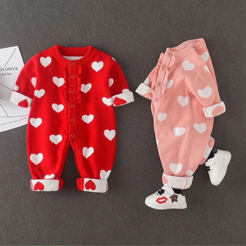 

Spring fall Baby Girl Clothes outfits Knitted set Love jumpsuit for New born babies clothing 1st birthday Christmas sets rompers