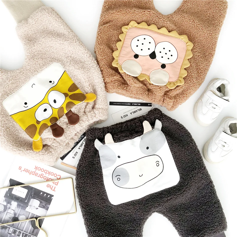 Tonytaobaby/Новая зимняя детская одежда для мальчиков и девочек; три цвета; Плюшевые брюки с рисунком животных; штаны для мальчиков