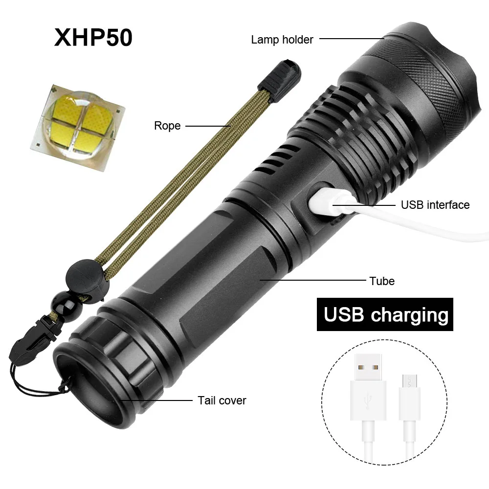 Anjoet xhp50 Мощный тактический флэш-светильник usb масштабируемый светильник светодиодный фонарь 18650 26650 перезаряжаемый аккумулятор для охоты на открытом воздухе
