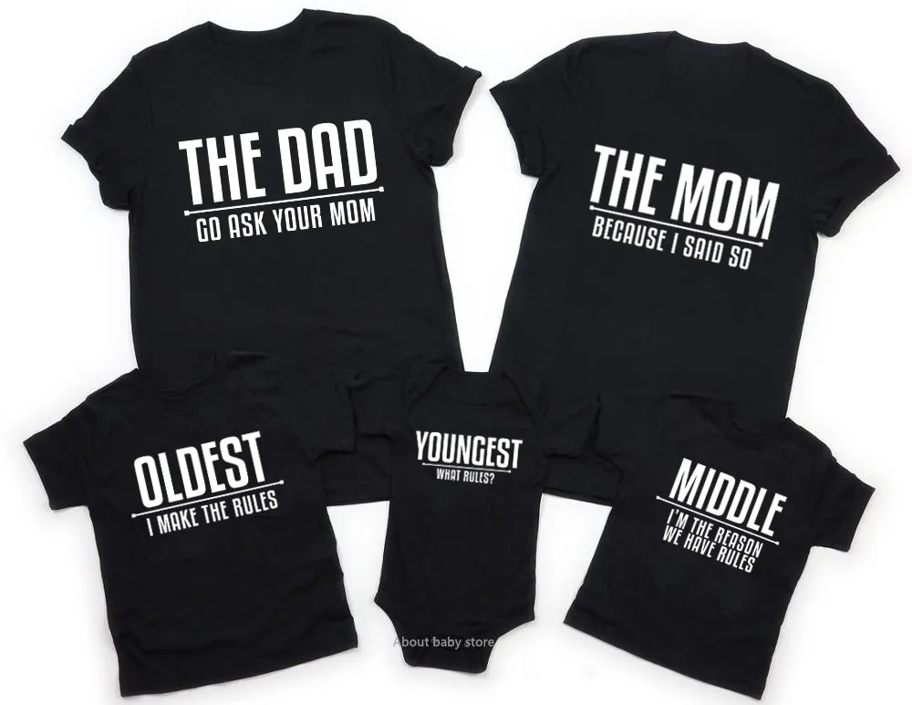Baby Shirts Matching Daddy Mommy Kids Oldest Middle Me And Black Youngest Cotton Rules