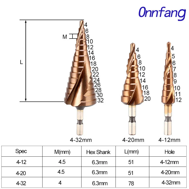 Onnfang HSS кобальтовое ступенчатое сверло с шестигранным хвостовиком спиральный паз высокоскоростные стальные сверла 4-12/4-20/4-32 мм для CR-V и нержавеющей стали