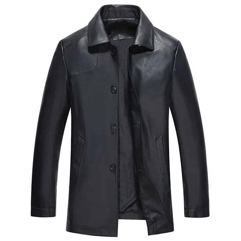 

Spring New Leather Men Medium Long Lapel Sheepskin Coat Autumn Solid Black Pockets High Quality Genuine Leather Loose Jackets