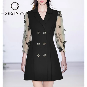

SEQINYY Office Lady Dress 2020 Summer Spring New Fashion Design Women Embroidery Butterfly Mesh Slim Black Mini Dress