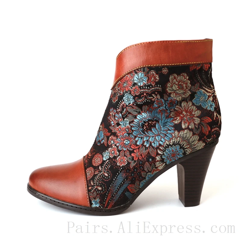 

Red-brown Genuine Leather High Heel Boots Women Embroidered Flowers Retro Shoes Big Size 36-42 Short Plush Lining Autumn Winter