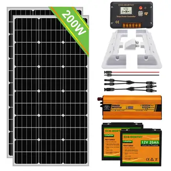 Arrancador de placa solar RV de 100W/200W, actualización, Kit completo de litio, controlador de batería Dual de 20A y soportes de montaje