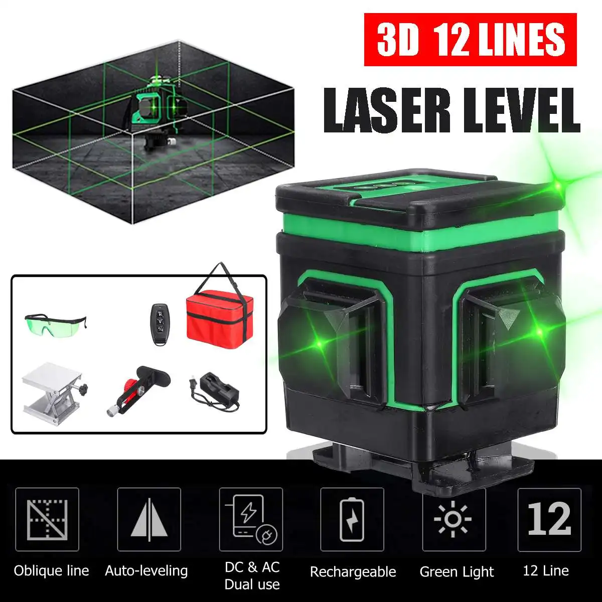 

3D Laser Level 12 Lines 360 Rotary Nivel Laser Tripod for Level Lazer Receiver Bracket Building Tools Construction Tools