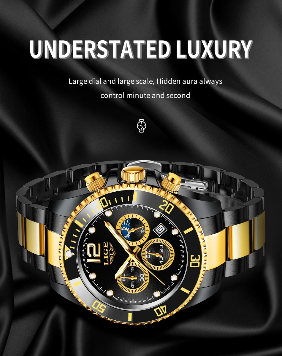 LIGE Watch for Men Top Brand Luxury Clock Casual Stainless Steel Watches Moon Phase Man Chronograph Waterproof Quartz Wristwatch