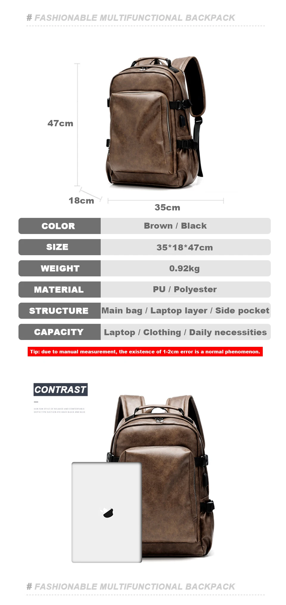 PU Leather Backpack USB Charger Men Bag Male Back Pack School Student Waterproof Laptop Bags Notebook Man 15.6 for Teenager Boys (7)