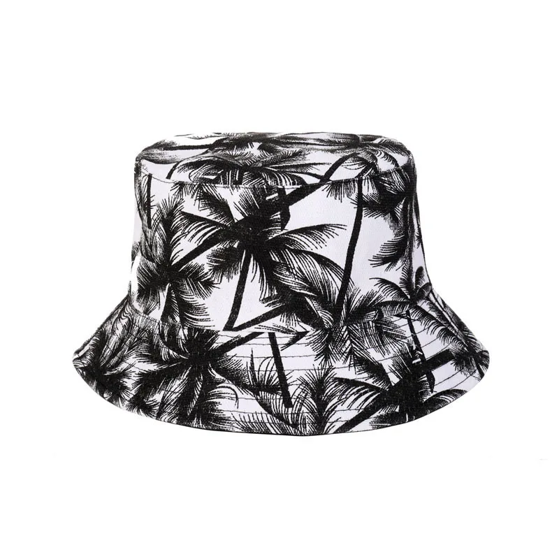 Summer Printed Double-Sided Coconut Palms Fisherman Hat For Men Female Black Outdoor Leisure Panama Bucket Sunhat | Аксессуары для