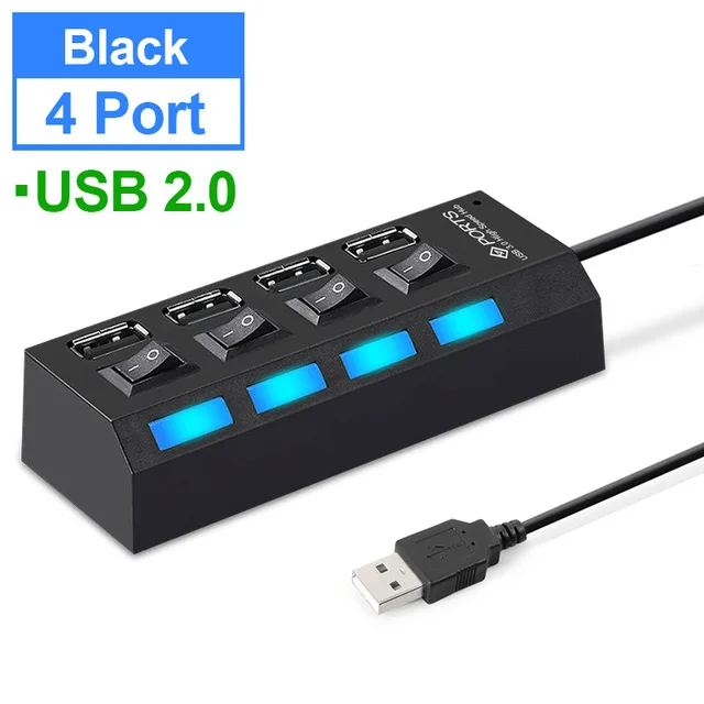 7 Ports usb hub LED USB High Speed 480 Mbps Adapter USB Hub With Power on off Switch For PC Laptop Computer PC Laptop With ON/OF 4 Port 2.0USB Black