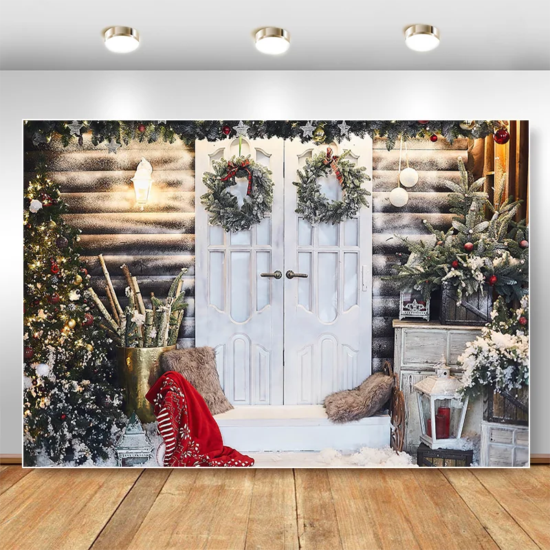 

Christmas Backdrops for Photography White Wooden Door Photocall Background Photo Studio Wreath Snowflake Decorations Background