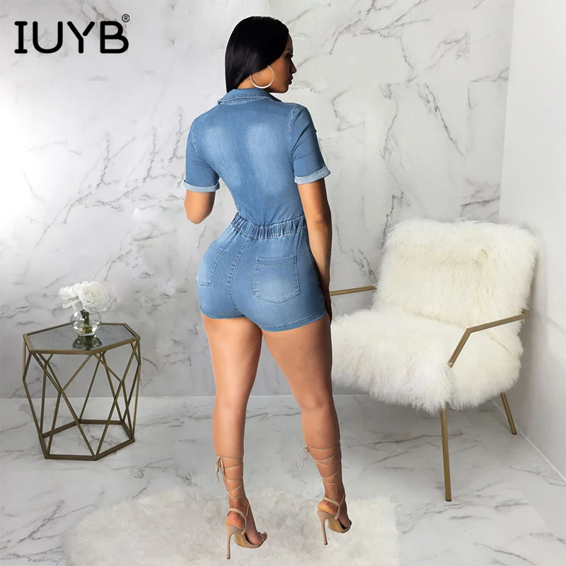 IUYB/ популярные модные популярные сексуальные женские Мини-комбинезоны, однотонные джинсовые комбинезоны с короткими рукавами и вырезами, SMR9184