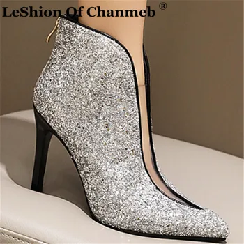 

Small Size 33 Women Glitter Silver Gold Boots Lady Biggest Size 48 Clear Shoes Woman Thin High Heels Bling Bling Booties Female