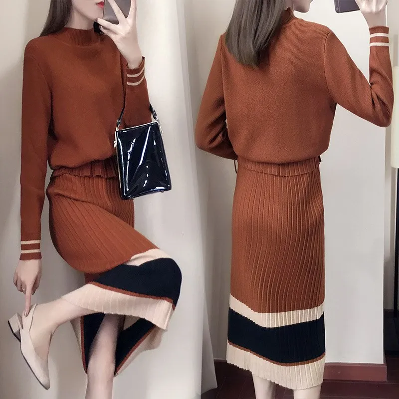 

Autumn Winter Causal Warm Knitted Suits Loose Pullover Sweater Pencil Skirts Casual Warm 2 Piece Set