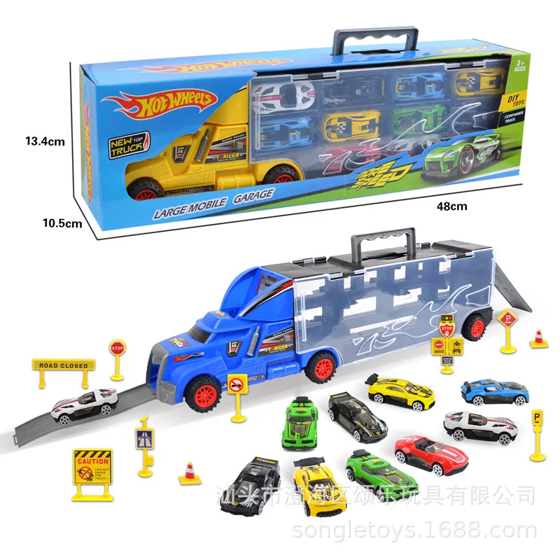 

Boy Hand Gift Box Container Tractors with Warrior AB Car Road Signs Skateboard Alloy Contest Car Toy Set