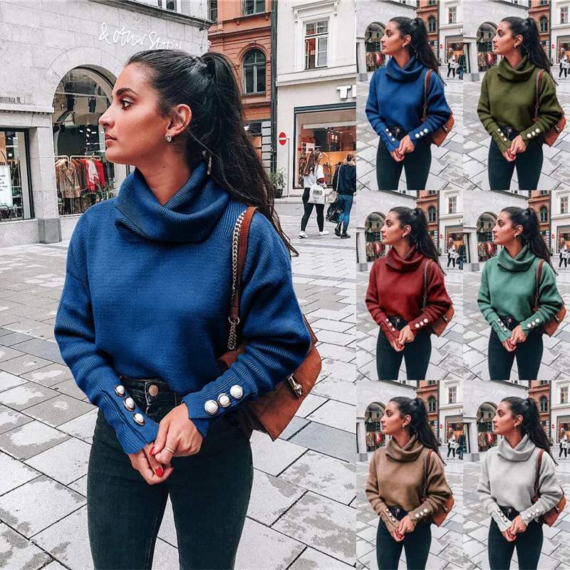 

6 Color Autumn and Winter Women Solid Color High Collar Button Decoration Loose Knitted Sweatshirt