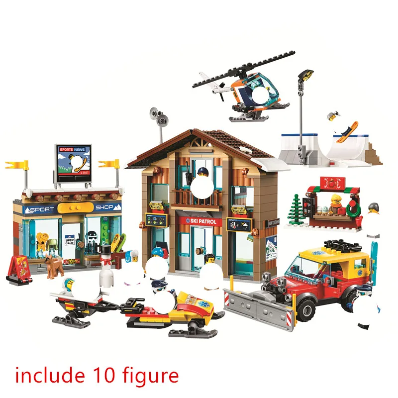 City Ski Resort shop Snowmobile Snowman Building Blocks Kit Bricks Classic Model Kids Toys For Children Gift | Игрушки и хобби