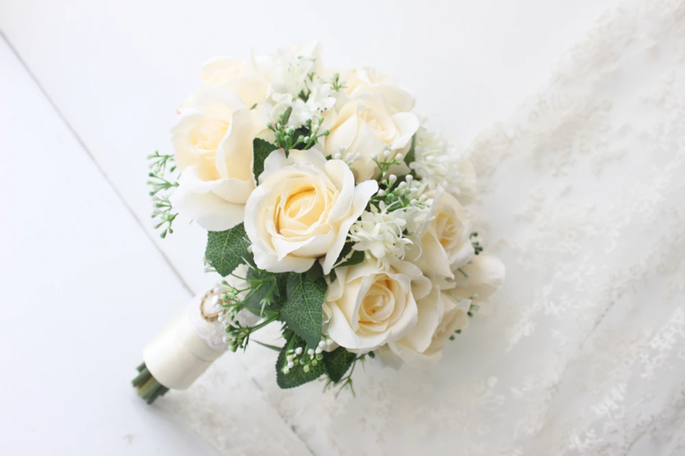 Искусственные белые розы букет Свадебный букет de mariage ручной работы Листья цветы Свадебные букеты невесты