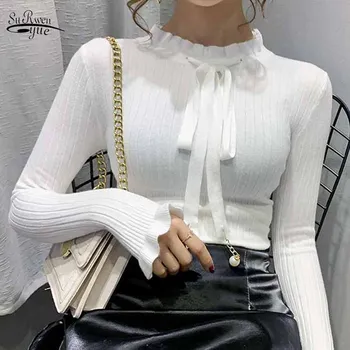 

Long Sleeve Pullover Solid Autumn Winter Korean Style Sweaters for women Ruffle Pearl Tie Bowknot Slim Sweater Pull Femme 11566